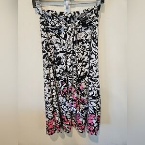 ISLAND REPUBLIC BLACK, WHITE & PINK FLOWY ABSTRACT FLORAL MIDI SKIRT SIZE SMALL